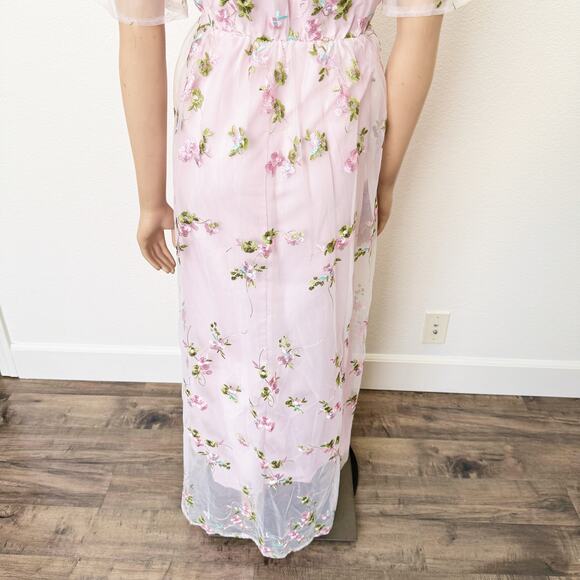 [Shein] Light Pink Floral Embroidered V-Neck Mesh Maxi Dress Wedding NEW Size XL - Picture 8 of 12